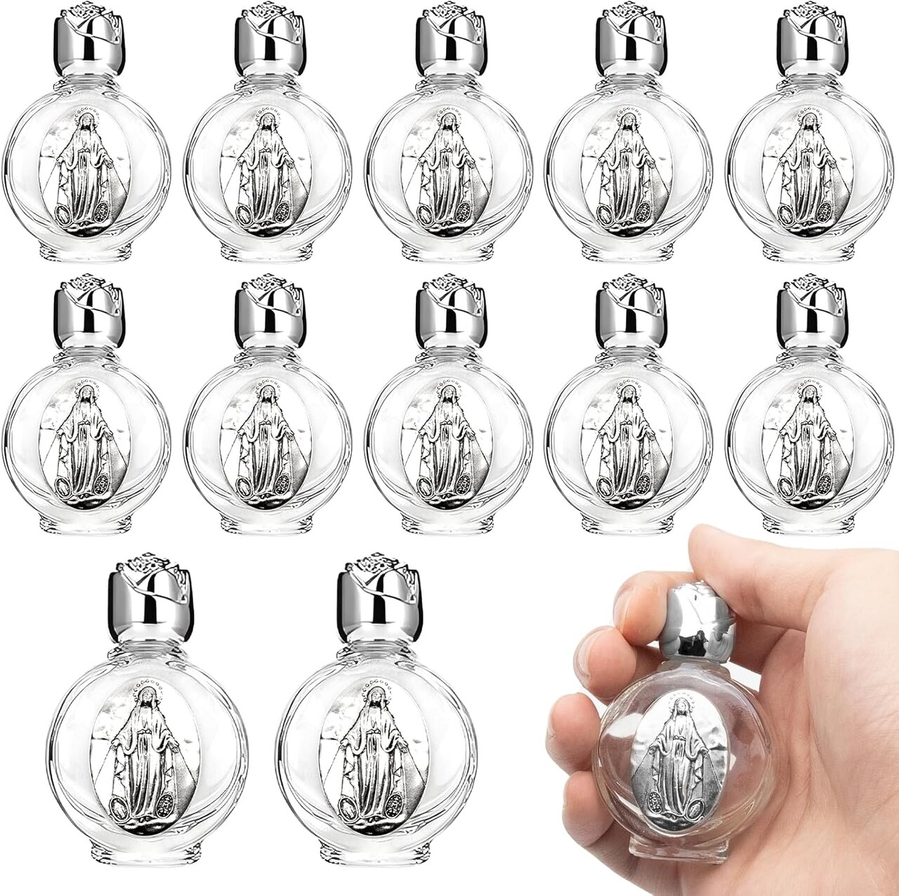 12 Pcs Glass Holy Water Bottles - 0.5 Fl oz (Silver, Divine Mercy)